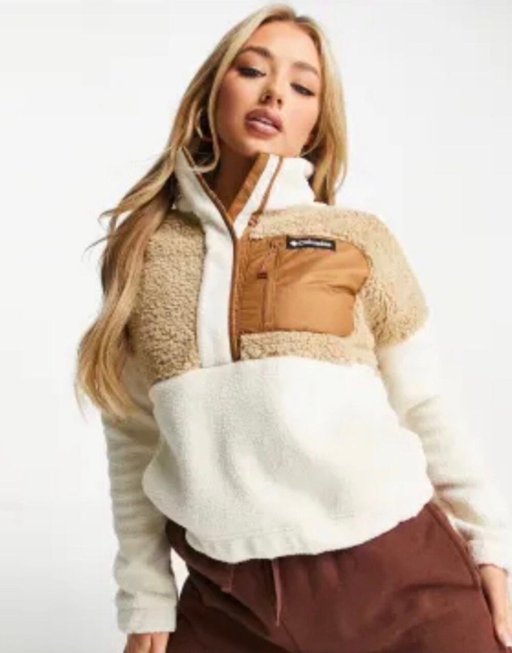 Columbia Lodge Sherpa Pullover White Tan Sweatshirt Women's Small Fall Winter